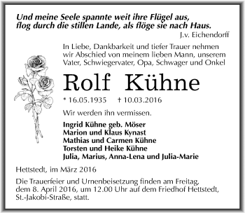 Traueranzeige von Rolf Kühne von Mitteldeutsche Zeitung Mansfelder Land