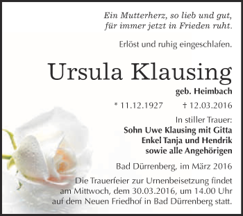 Traueranzeige von Ursula Klausing von Super Sonntag Merseburg