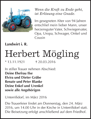 Traueranzeige von Herbert Mögling von Mitteldeutsche Zeitung Mansfelder Land