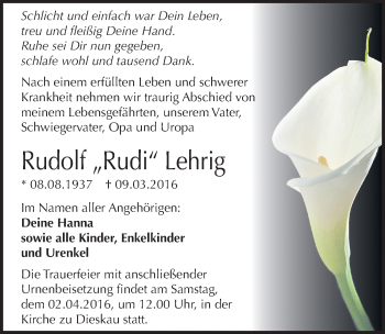 Traueranzeige von Rudolf Lehrig von Mitteldeutsche Zeitung Halle/Saalkreis