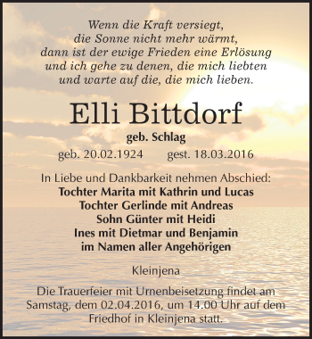 Traueranzeige von Elli Bittdorf von Mitteldeutsche Zeitung Naumburg/Nebra