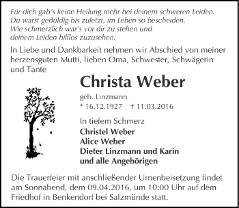 Traueranzeige von Christa Weber von Mitteldeutsche Zeitung Halle/Saalkreis