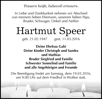 Traueranzeige von Hartmut Speer von Mitteldeutsche Zeitung Bitterfeld