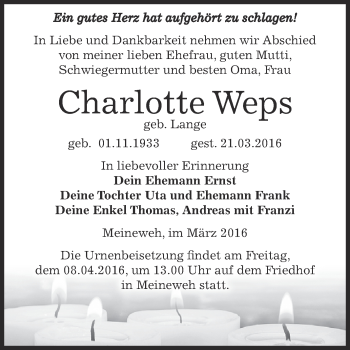 Traueranzeige von Charlotte Weps von Super Sonntag Zeitz