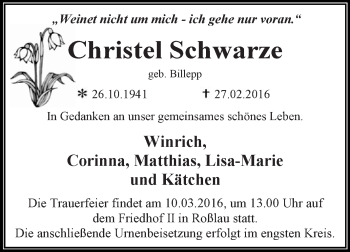 Traueranzeige von Christel Schwarze von WVG - Wochenspiegel Dessau / Köthen