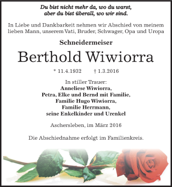 Traueranzeige von Berthod Wiwiorra von Mitteldeutsche Zeitung Aschersleben