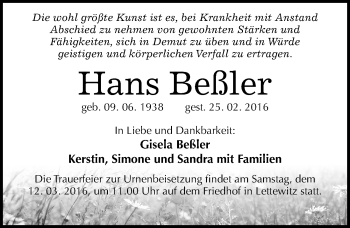 Traueranzeige von Hans Beßler von Mitteldeutsche Zeitung Halle/Saalkreis