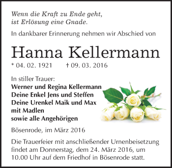 Traueranzeige von Hanna Kellermann von Mitteldeutsche Zeitung Sangerhausen