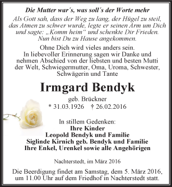 Traueranzeige von Irmgard Bendyk von Mitteldeutsche Zeitung Aschersleben
