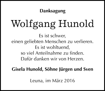 Traueranzeige von Wolfgang Hunold von Mitteldeutsche Zeitung Merseburg/Querfurt