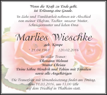 Traueranzeige von Marlies Wieschke von WVG - Wochenspiegel Bitterfeld