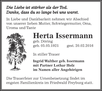 Traueranzeige von Herta Issermann von WVG - Wochenspiegel NMB / WSF / ZTZ