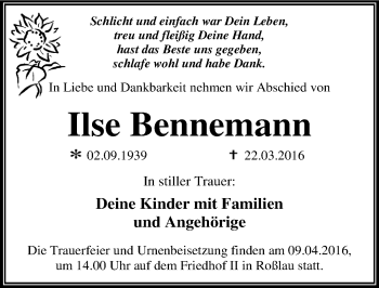 Traueranzeige von Ilse Bennemann von Mitteldeutsche Zeitung Dessau-Roßlau