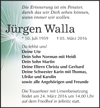 Traueranzeige von Jürgen Walla von Mitteldeutsche Zeitung Bitterfeld