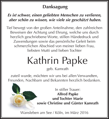 Traueranzeige von Kathrin Papke von Mitteldeutsche Zeitung Mansfelder Land
