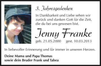 Traueranzeige von Jenny Franke von Mitteldeutsche Zeitung Weißenfels