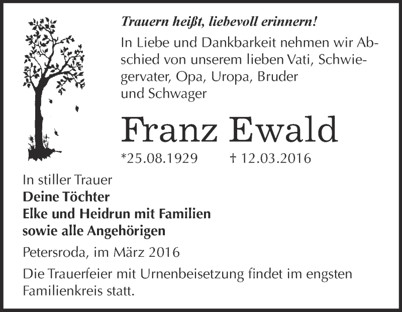 Traueranzeigen von Franz Ewald www.abschiednehmen.de