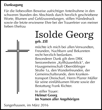 Traueranzeige von Isolde Georg von Mitteldeutsche Zeitung Sangerhausen