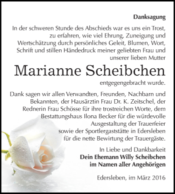 Traueranzeige von Marianne Scheibchen von Super Sonntag SGH Mansf. Land