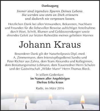 Traueranzeige von Johann Kraus von WVG - Wochenspiegel Wittenberg