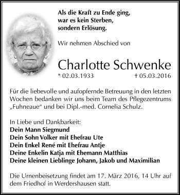 Traueranzeige von Charlotte Schwenke von Mitteldeutsche Zeitung Köthen