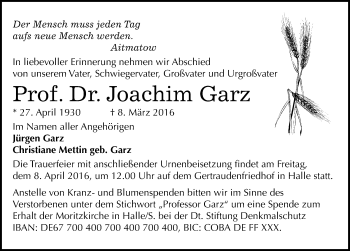 Traueranzeige von Joachim Garz von Mitteldeutsche Zeitung Halle/Saalkreis