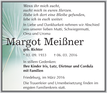 Traueranzeige von Margot Meißner von Mitteldeutsche Zeitung Mansfelder Land