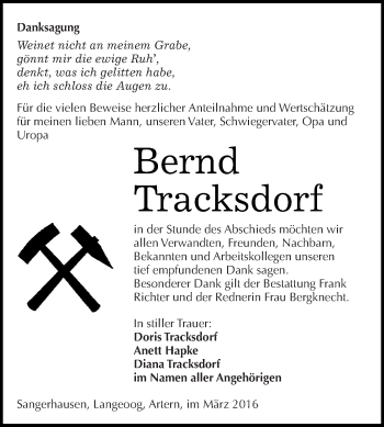 Traueranzeige von Bernd Tracksdorf von WVG - Wochenspiegel SGH