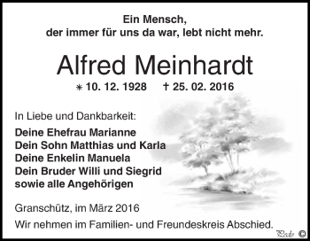 Traueranzeige von Alfred Meinhardt von WVG - Wochenspiegel NMB / WSF / ZTZ