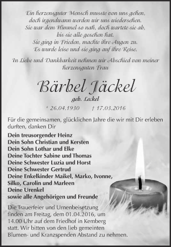 Traueranzeige von Bärbel Jäckel von WVG - Wochenspiegel Wittenberg