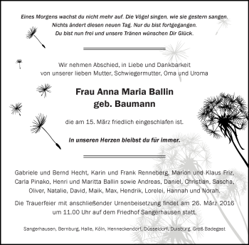 Traueranzeige von Anna Maria Ballin von Super Sonntag SGH Mansf. Land