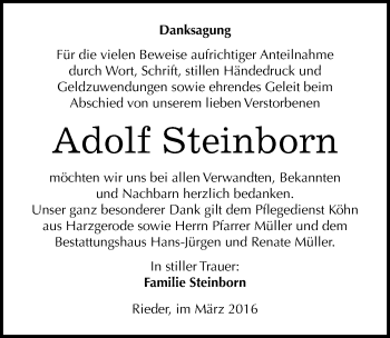 Traueranzeige von Adolf Steinborn von Mitteldeutsche Zeitung Quedlinburg