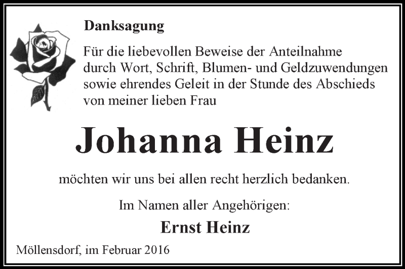  Traueranzeige für Johanna Heinz vom 05.03.2016 aus WVG - Wochenspiegel Dessau / Köthen