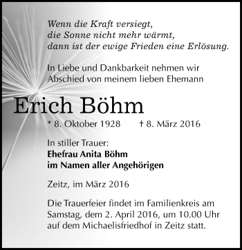 Traueranzeige von Erich Böhm von Mitteldeutsche Zeitung Zeitz