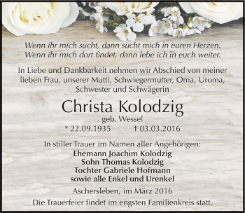 Traueranzeige von Christa Kolodzig von Mitteldeutsche Zeitung Aschersleben