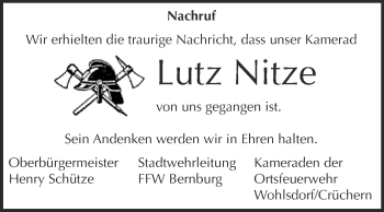 Traueranzeige von Lutz Nitze von Super Sonntag Bernburg