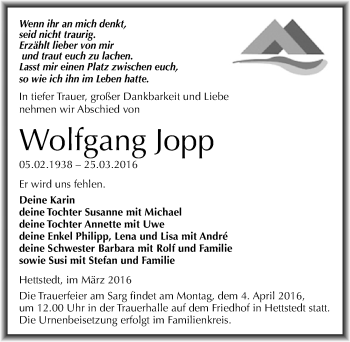 Traueranzeige von Wolfgang Jopp von Mitteldeutsche Zeitung Mansfelder Land