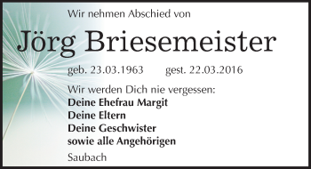Traueranzeige von Jörg Briesemeister von Mitteldeutsche Zeitung Naumburg/Nebra