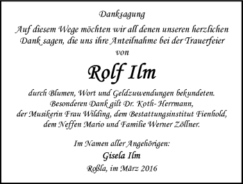 Traueranzeige von Rolf Ilm von Mitteldeutsche Zeitung Sangerhausen