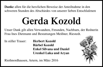Traueranzeige von Gerda Kozold von Mitteldeutsche Zeitung Sangerhausen