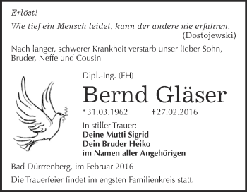 Traueranzeige von Bernd Gläser von Super Sonntag Merseburg