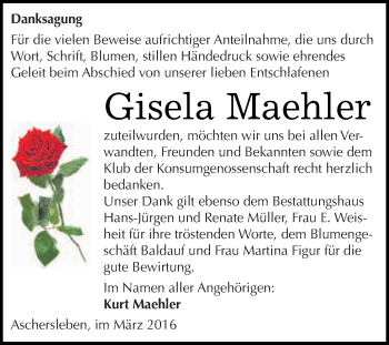 Traueranzeige von Gisela Maehler von Super Sonntag Aschersleben