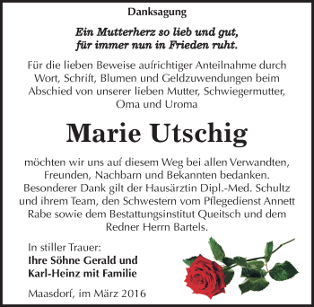 Traueranzeige von Marie Utschig von Mitteldeutsche Zeitung Köthen