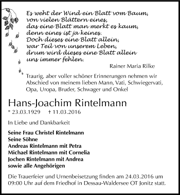 Traueranzeige von Hans-Joachim Rintelmann von Mitteldeutsche Zeitung Dessau-Roßlau