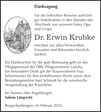 Traueranzeige von Erwin Krubke von WVG - Wochenspiegel NMB / WSF / ZTZ