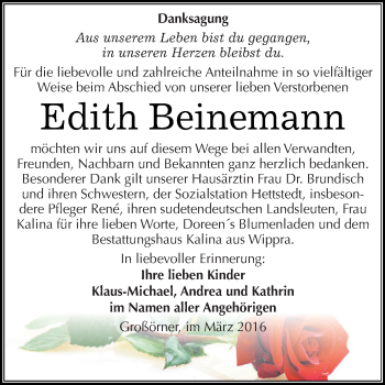 Traueranzeige von Edith Beinemann von Wochenspiegel Mansfelder Land