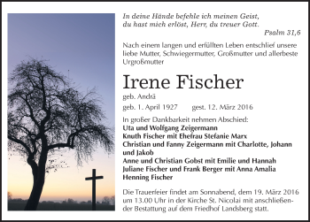 Traueranzeige von Irene Fischer von Mitteldeutsche Zeitung Halle/Saalkreis