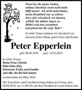 Traueranzeige von Peter Epperlein von Mitteldeutsche Zeitung Aschersleben