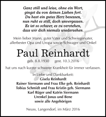 Traueranzeige von Paul Reinhardt von WVG - Wochenspiegel NMB / WSF / ZTZ