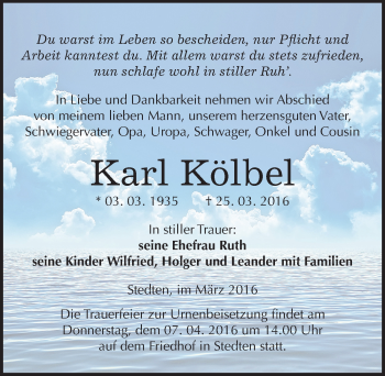Traueranzeige von Karl Kölbel von Mitteldeutsche Zeitung Mansfelder Land
